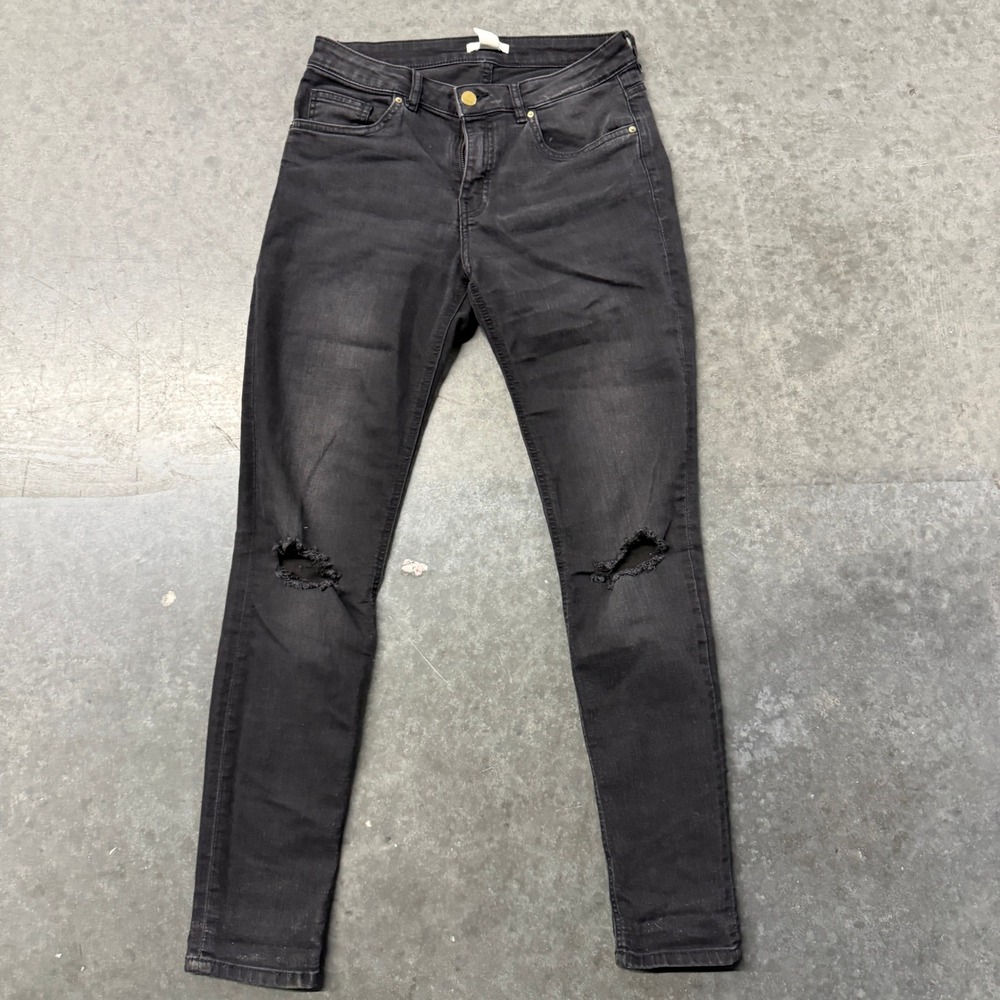 HM Womens Skinny Distressed Black Denim Jeans Size 8 Faded Ripped Knee 0355953-3